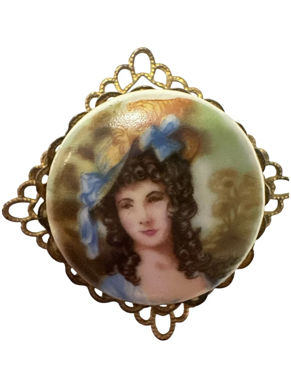 Painted Porcelain or Ceramic Rose and Portrait Brooch Set - Pink and Multicolor